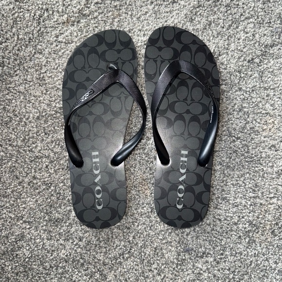 Coach Black Logo Pattern Flip Flops - Picture 2 of 2
